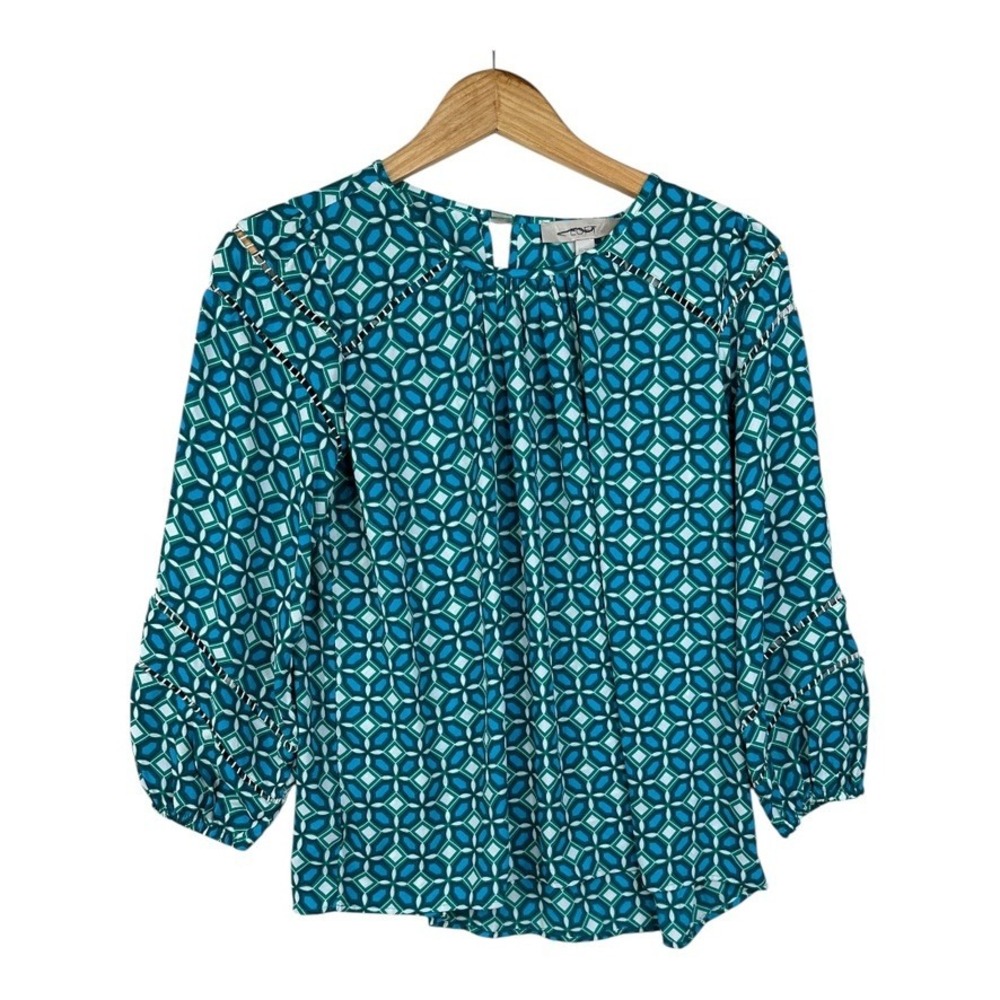 LOFT BLUE/GREEN GEO PRINT 3/4 SLEEVE BLOUSE TOP SIZE XS